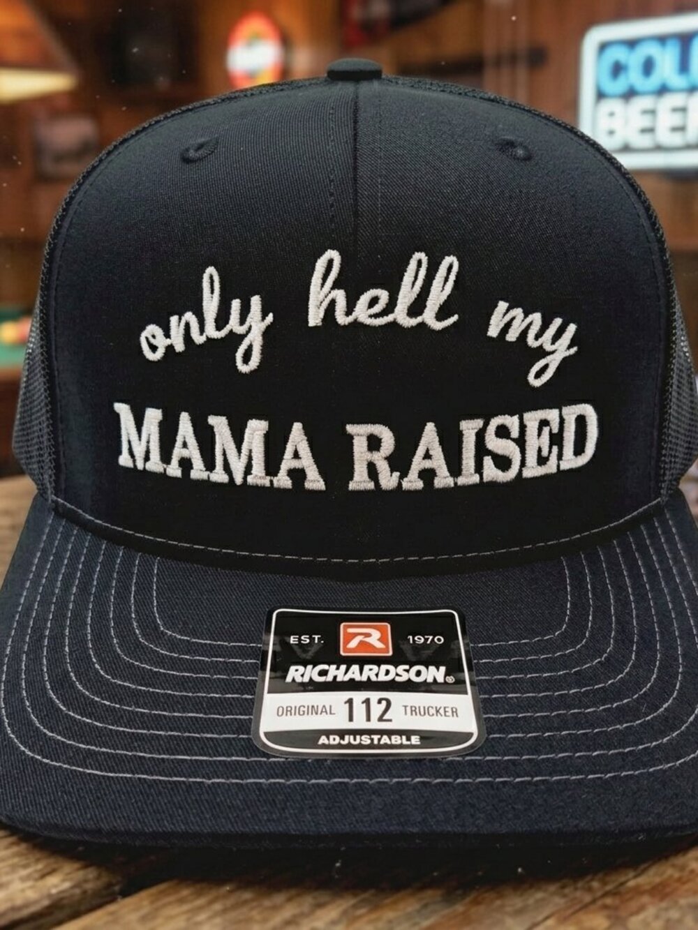 Only Hell My Mama Raised Embroidered Black Richardson 112 Snapback Hat Country
